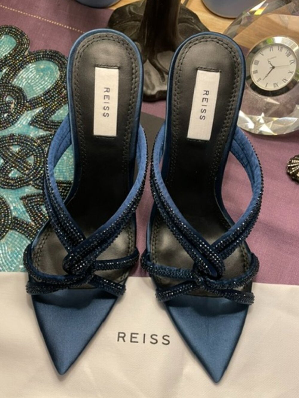 REISS Ritz Satin Mule Sandals in Blue Rhinestone Embellished Size EU 39 / US 8.5